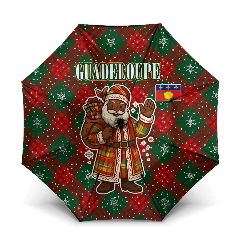 Guadeloupe Christmas Umbrella with Green-Red Plaid Design, Island Map, and Traditional Santa Motif - Wonder Print Shop