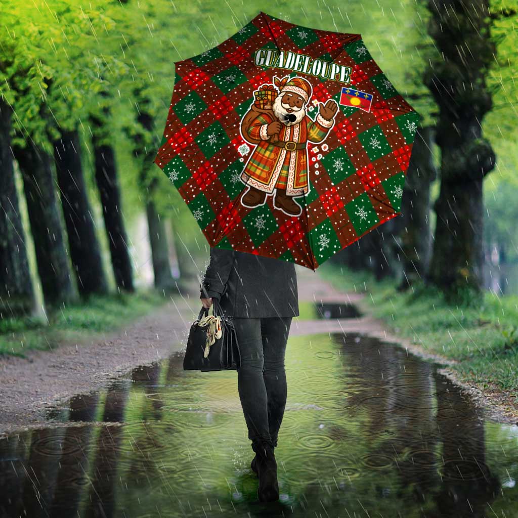 Guadeloupe Christmas Umbrella with Green-Red Plaid Design, Island Map, and Traditional Santa Motif - Wonder Print Shop