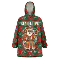 Guadeloupe Christmas Wearable Blanket Hoodie with Green-Red Plaid Design, Island Map, and Traditional Santa Motif - Wonder Print Shop