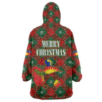 Guadeloupe Christmas Wearable Blanket Hoodie with Green-Red Plaid Design, Island Map, and Traditional Santa Motif - Wonder Print Shop