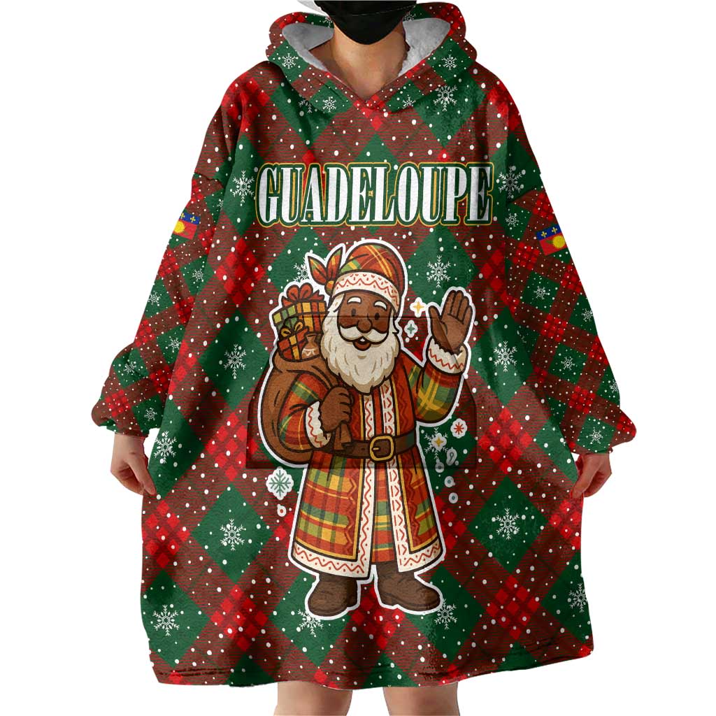 Guadeloupe Christmas Wearable Blanket Hoodie with Green-Red Plaid Design, Island Map, and Traditional Santa Motif - Wonder Print Shop