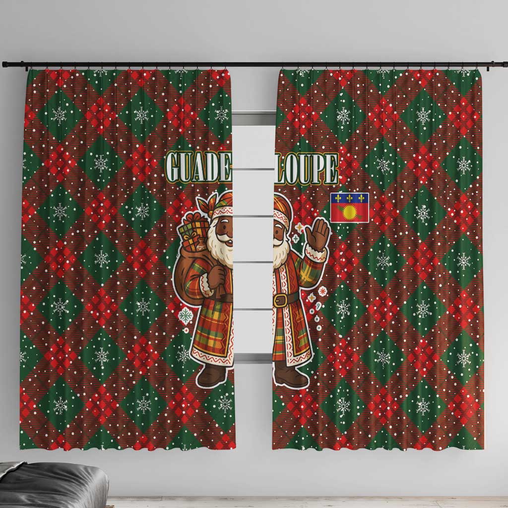 Guadeloupe Christmas Window Curtain with Green-Red Plaid Design, Island Map, and Traditional Santa Motif - Wonder Print Shop