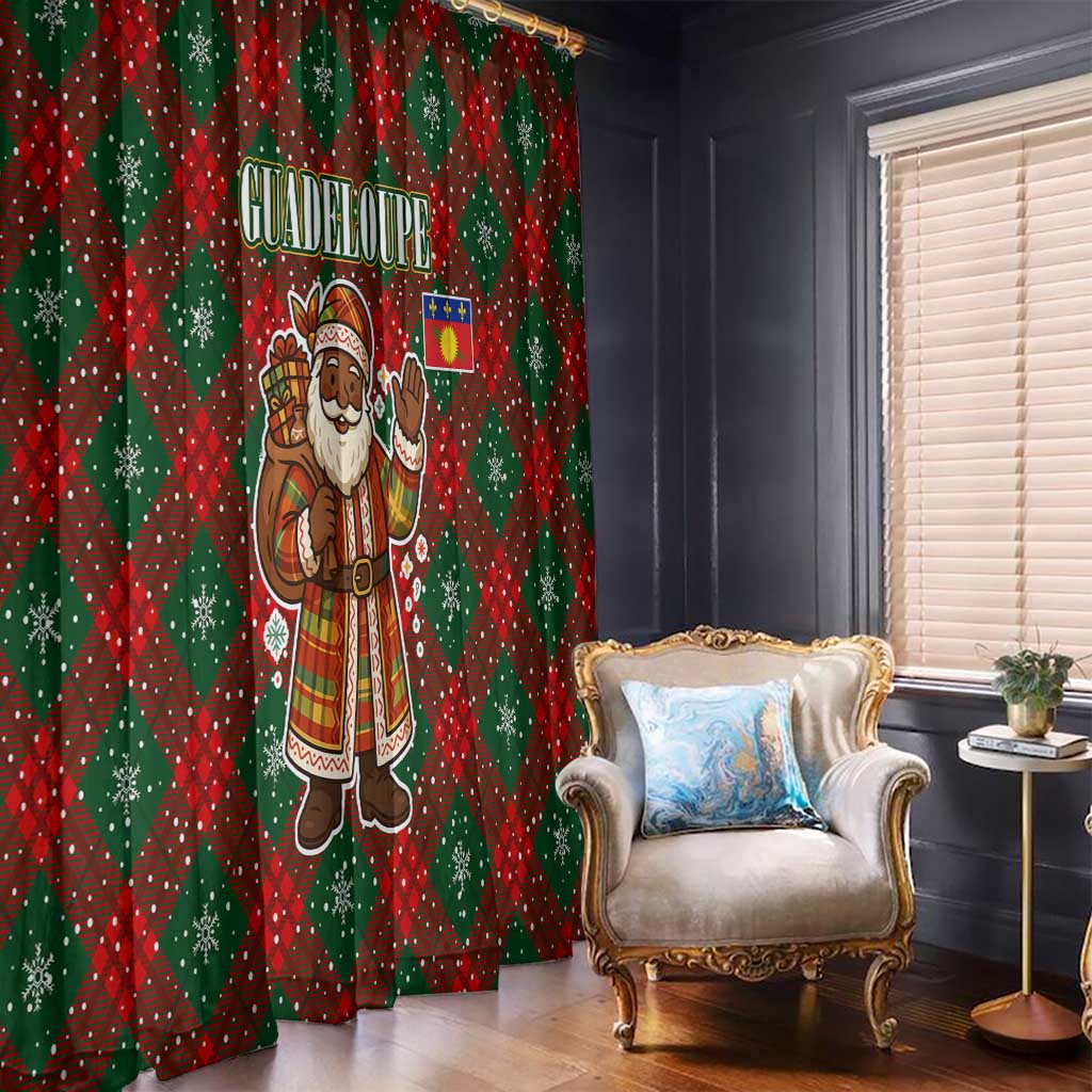 Guadeloupe Christmas Window Curtain with Green-Red Plaid Design, Island Map, and Traditional Santa Motif - Wonder Print Shop