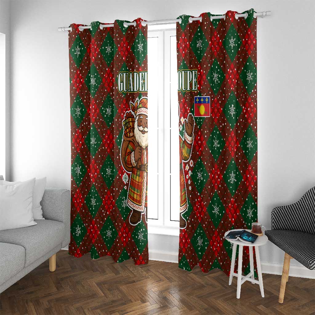 Guadeloupe Christmas Window Curtain with Green-Red Plaid Design, Island Map, and Traditional Santa Motif - Wonder Print Shop