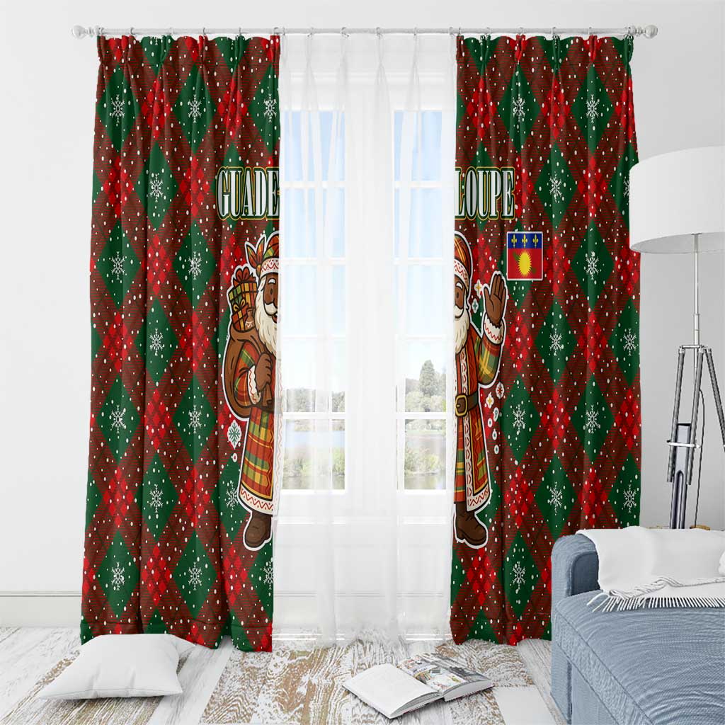 Guadeloupe Christmas Window Curtain with Green-Red Plaid Design, Island Map, and Traditional Santa Motif - Wonder Print Shop