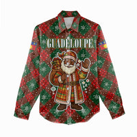 Guadeloupe Christmas Women Casual Shirt with Green-Red Plaid Design, Island Map, and Traditional Santa Motif - Wonder Print Shop