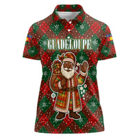 Guadeloupe Christmas Women Polo Shirt with Green-Red Plaid Design, Island Map, and Traditional Santa Motif - Wonder Print Shop