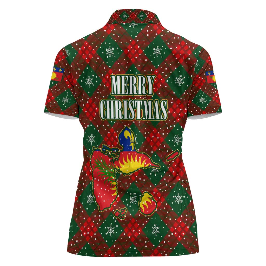 Guadeloupe Christmas Women Polo Shirt with Green-Red Plaid Design, Island Map, and Traditional Santa Motif - Wonder Print Shop