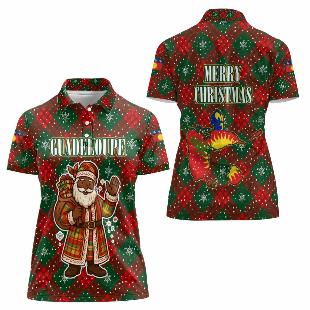 Guadeloupe Christmas Women Polo Shirt with Green-Red Plaid Design, Island Map, and Traditional Santa Motif - Wonder Print Shop