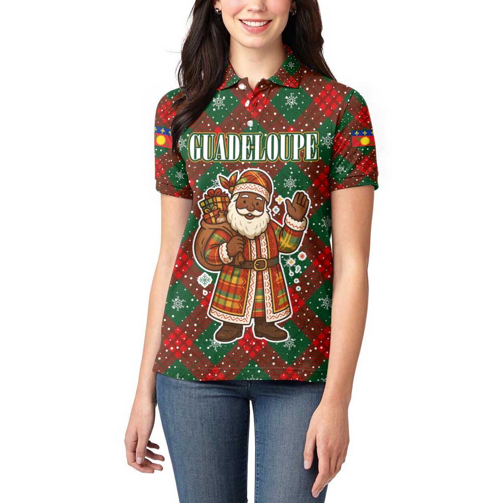 Guadeloupe Christmas Women Polo Shirt with Green-Red Plaid Design, Island Map, and Traditional Santa Motif - Wonder Print Shop