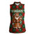 Guadeloupe Christmas Women Sleeveless Polo Shirt with Green-Red Plaid Design, Island Map, and Traditional Santa Motif - Wonder Print Shop