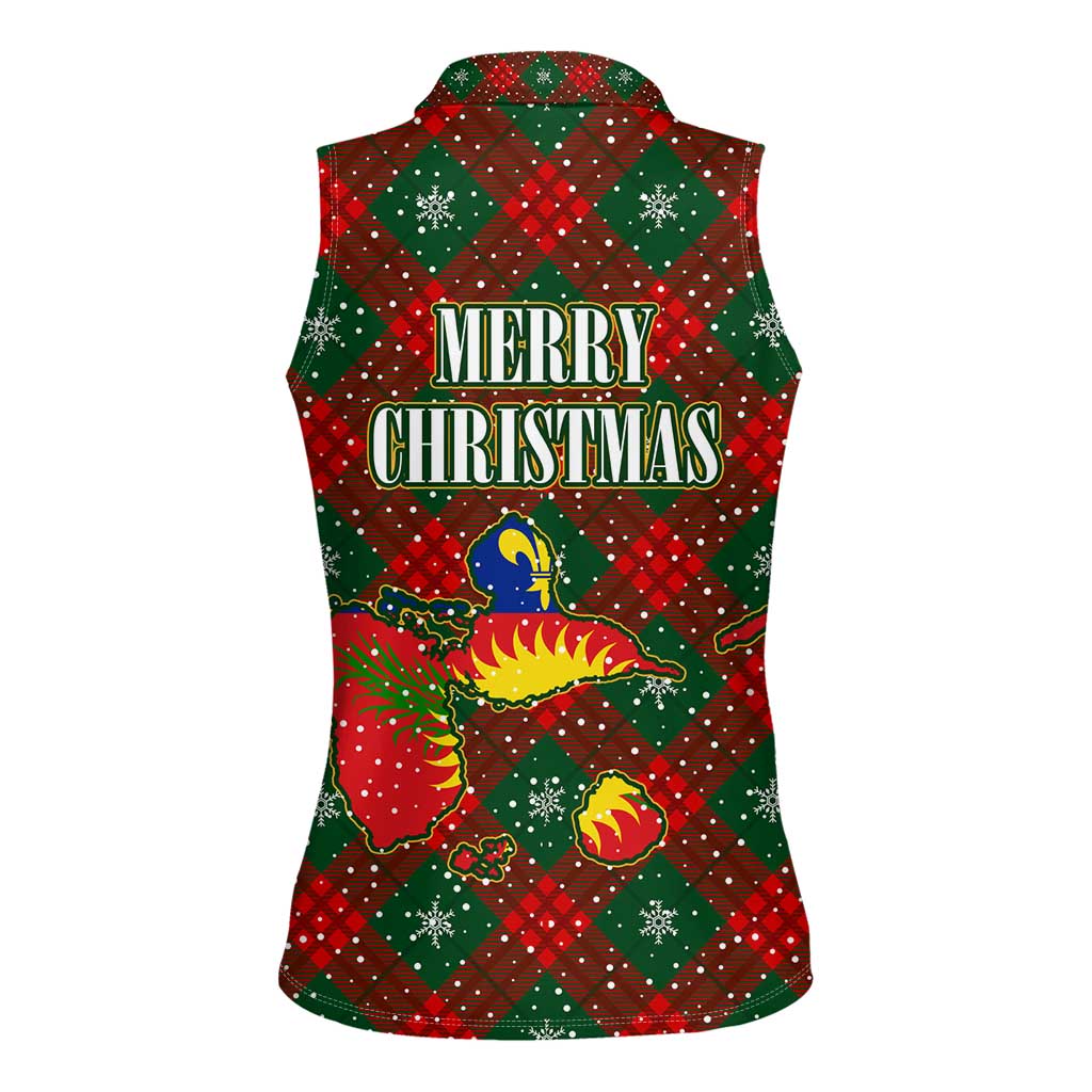 Guadeloupe Christmas Women Sleeveless Polo Shirt with Green-Red Plaid Design, Island Map, and Traditional Santa Motif - Wonder Print Shop