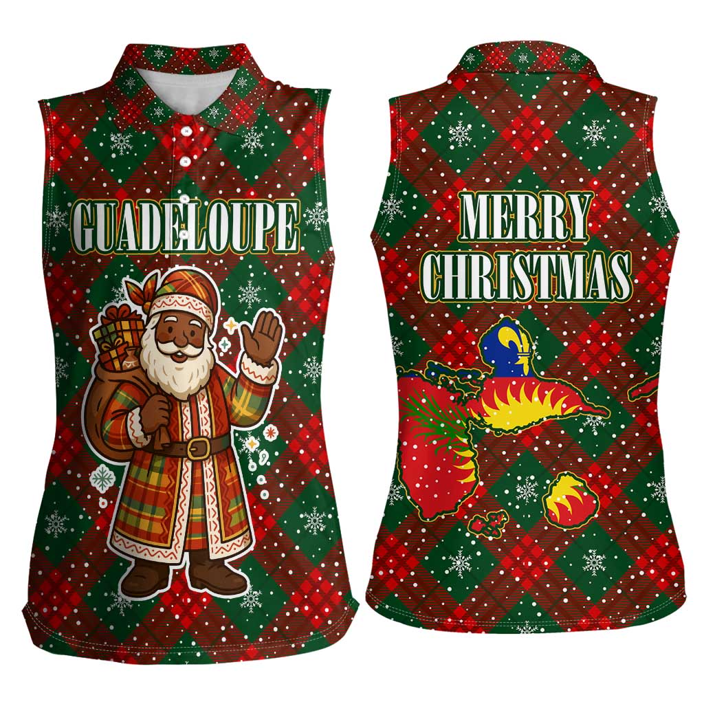 Guadeloupe Christmas Women Sleeveless Polo Shirt with Green-Red Plaid Design, Island Map, and Traditional Santa Motif - Wonder Print Shop