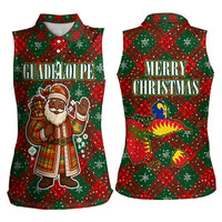 Guadeloupe Christmas Women Sleeveless Polo Shirt with Green-Red Plaid Design, Island Map, and Traditional Santa Motif - Wonder Print Shop