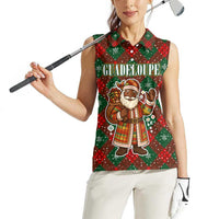 Guadeloupe Christmas Women Sleeveless Polo Shirt with Green-Red Plaid Design, Island Map, and Traditional Santa Motif - Wonder Print Shop