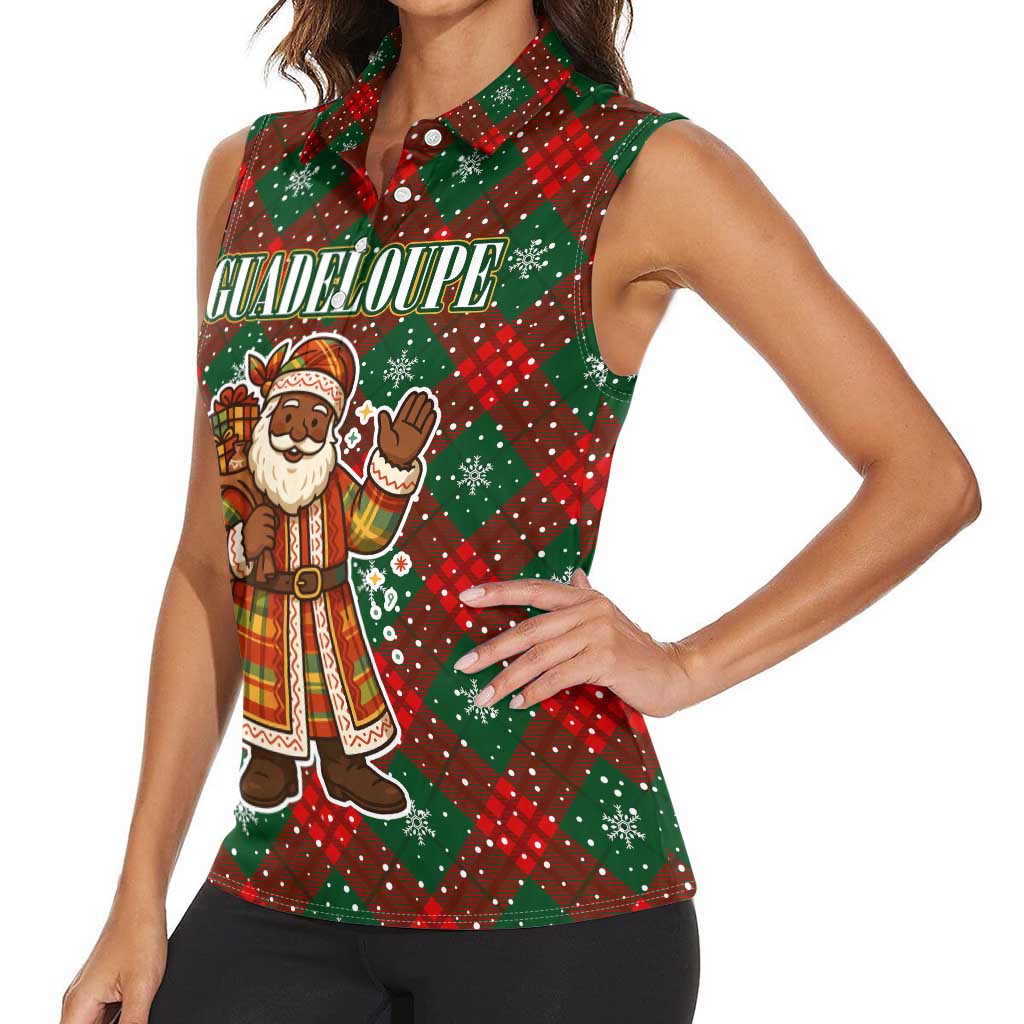 Guadeloupe Christmas Women Sleeveless Polo Shirt with Green-Red Plaid Design, Island Map, and Traditional Santa Motif - Wonder Print Shop