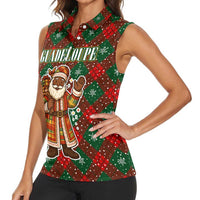 Guadeloupe Christmas Women Sleeveless Polo Shirt with Green-Red Plaid Design, Island Map, and Traditional Santa Motif - Wonder Print Shop