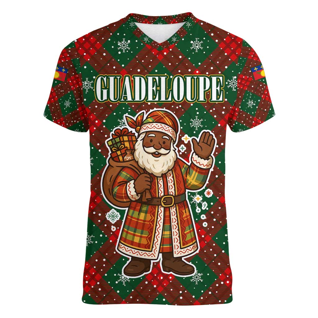 Guadeloupe Christmas Women V-Neck T-Shirt with Green-Red Plaid Design, Island Map, and Traditional Santa Motif - Wonder Print Shop