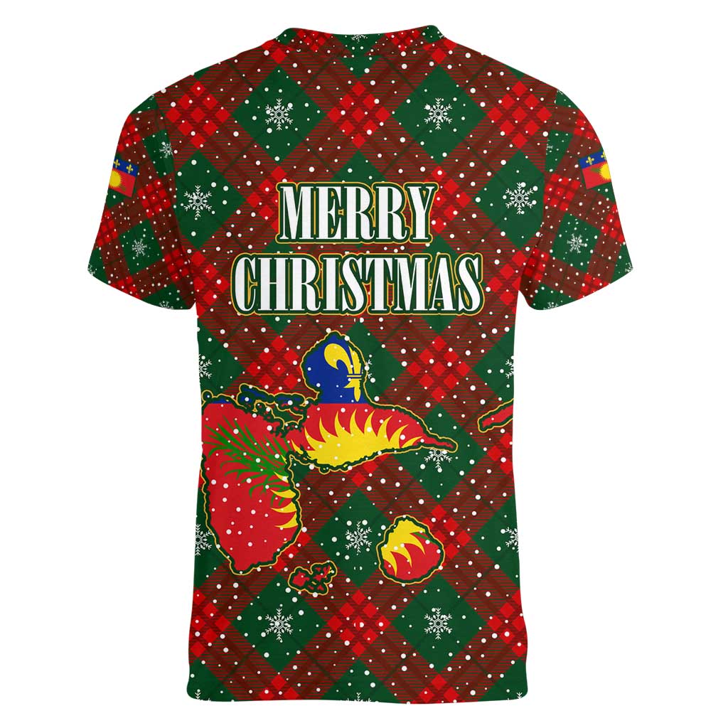 Guadeloupe Christmas Women V-Neck T-Shirt with Green-Red Plaid Design, Island Map, and Traditional Santa Motif - Wonder Print Shop