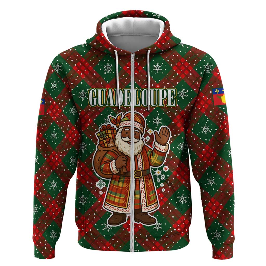 Guadeloupe Christmas Zip Hoodie with Green-Red Plaid Design, Island Map, and Traditional Santa Motif - Wonder Print Shop