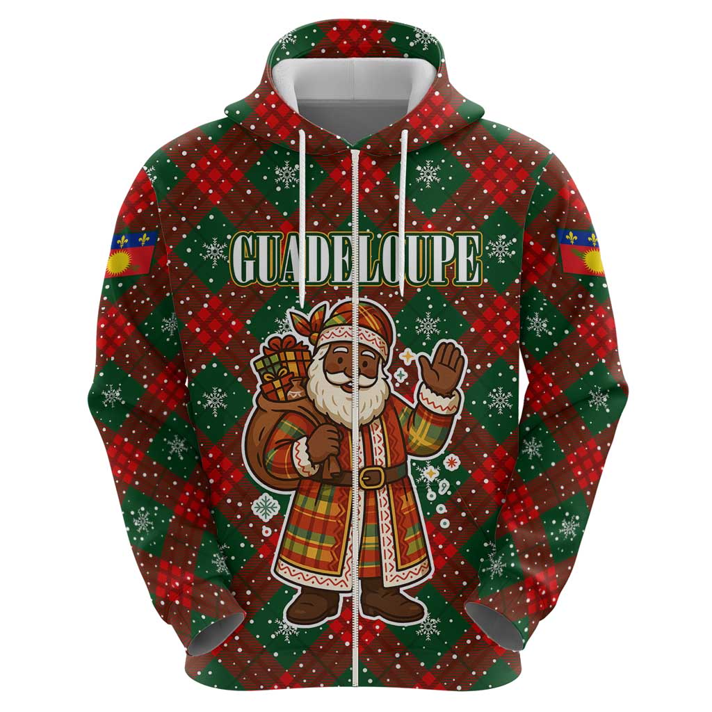 Guadeloupe Christmas Zip Hoodie with Green-Red Plaid Design, Island Map, and Traditional Santa Motif - Wonder Print Shop