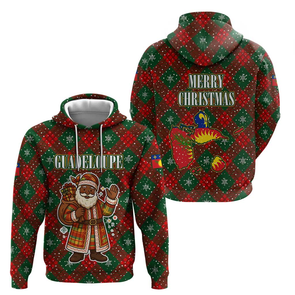 Guadeloupe Christmas Zip Hoodie with Green-Red Plaid Design, Island Map, and Traditional Santa Motif - Wonder Print Shop
