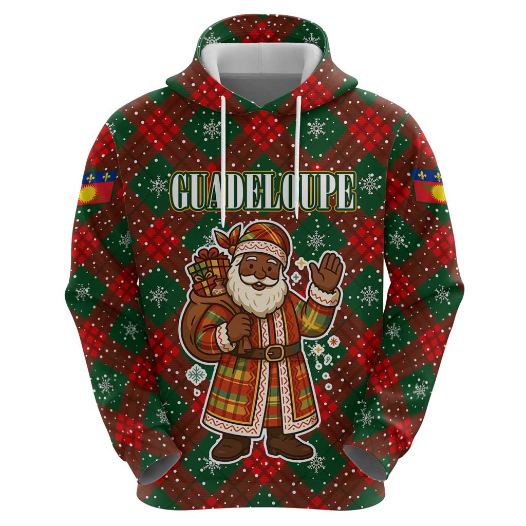 Guadeloupe Christmas Zip Hoodie with Green-Red Plaid Design, Island Map, and Traditional Santa Motif - Wonder Print Shop
