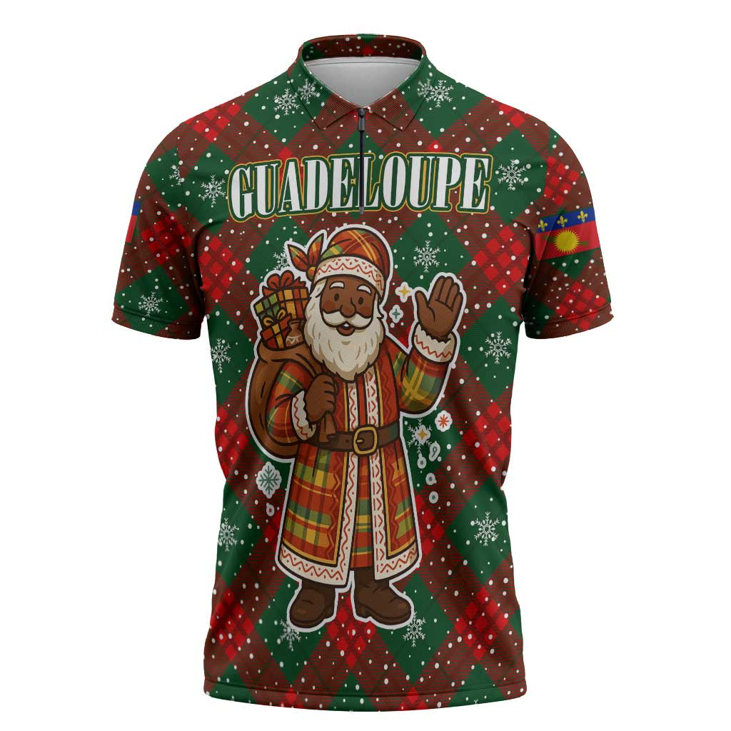 Guadeloupe Christmas Zipper Polo Shirt with Green-Red Plaid Design, Island Map, and Traditional Santa Motif - Wonder Print Shop
