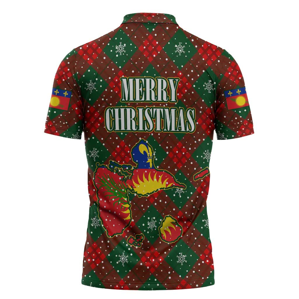 Guadeloupe Christmas Zipper Polo Shirt with Green-Red Plaid Design, Island Map, and Traditional Santa Motif - Wonder Print Shop