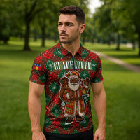 Guadeloupe Christmas Zipper Polo Shirt with Green-Red Plaid Design, Island Map, and Traditional Santa Motif - Wonder Print Shop