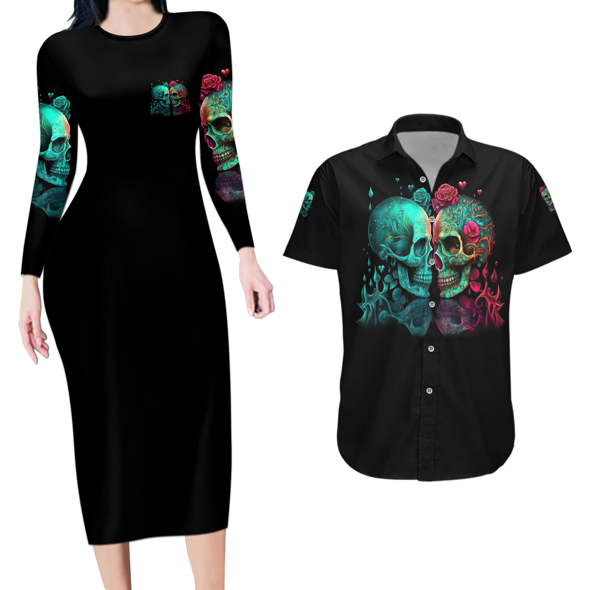 Don't Try To Figure Me Out Skull Couples Matching Long Sleeve Bodycon Dress and Hawaiian Shirt - Wonder Print Shop