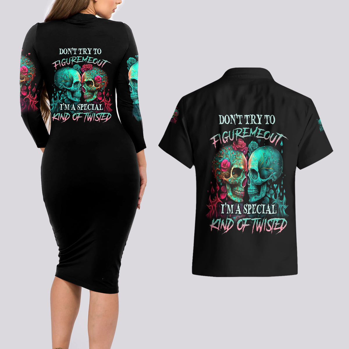 Don't Try To Figure Me Out Skull Couples Matching Long Sleeve Bodycon Dress and Hawaiian Shirt - Wonder Print Shop