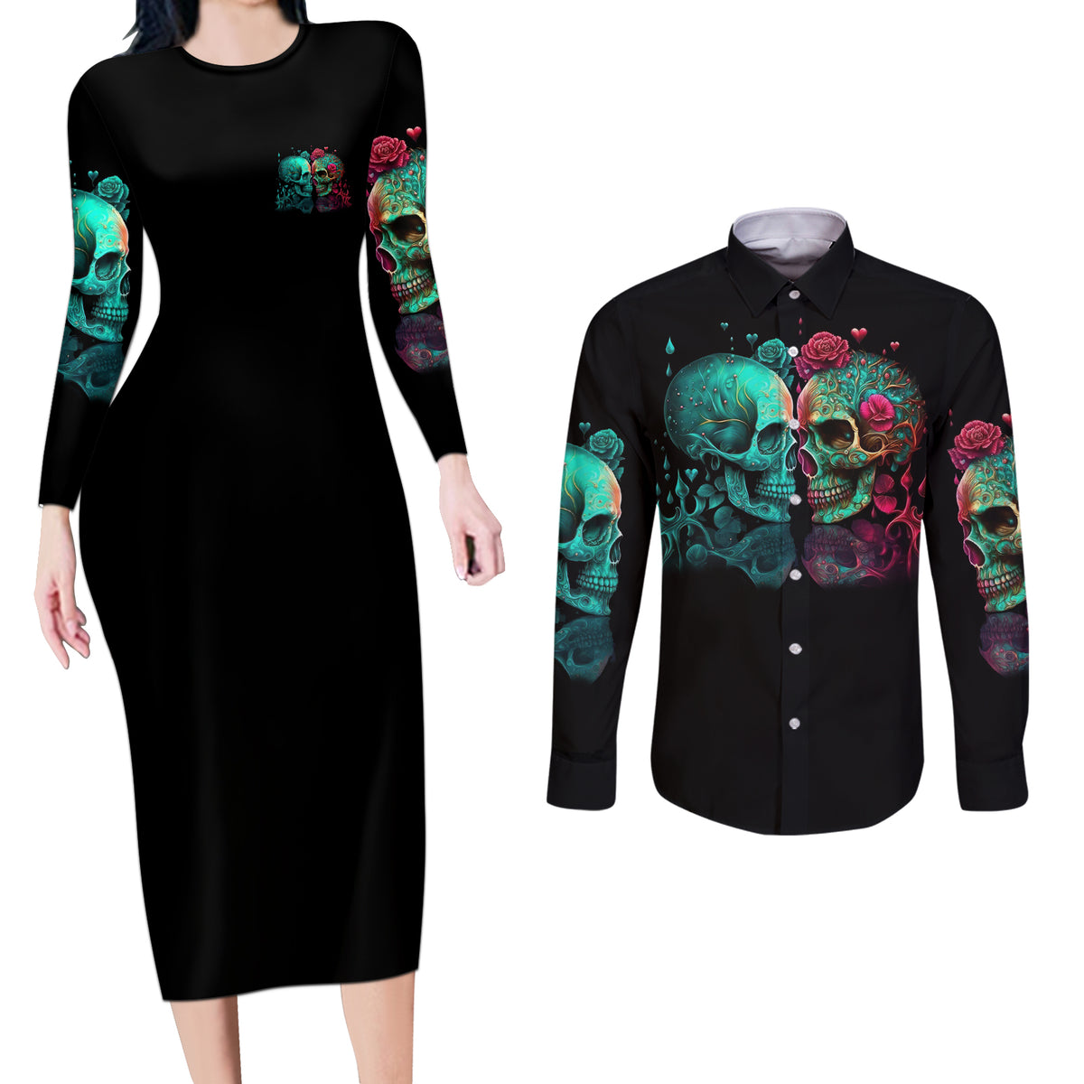 Don't Try To Figure Me Out Skull Couples Matching Long Sleeve Bodycon Dress and Long Sleeve Button Shirt - Wonder Print Shop