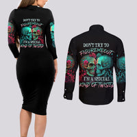 Don't Try To Figure Me Out Skull Couples Matching Long Sleeve Bodycon Dress and Long Sleeve Button Shirt - Wonder Print Shop