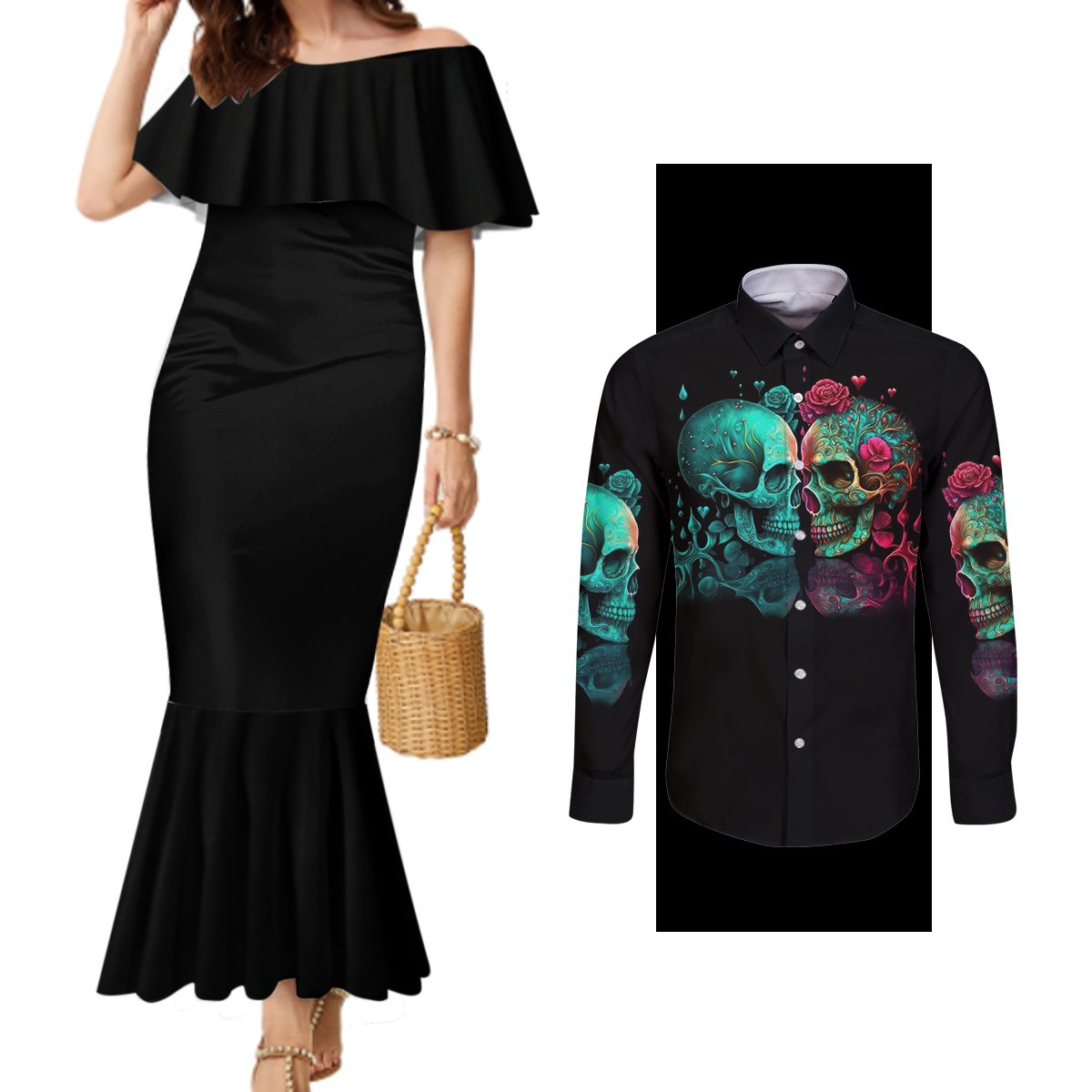dont-try-to-figure-me-out-skull-couples-matching-mermaid-dress-and-long-sleeve-button-shirt