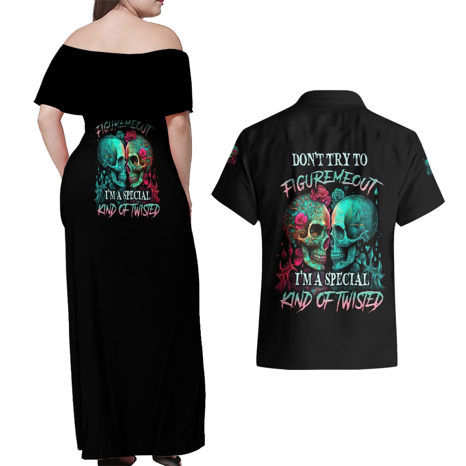 Don't Try To Figure Me Out Skull Couples Matching Off Shoulder Maxi Dress and Hawaiian Shirt - Wonder Print Shop