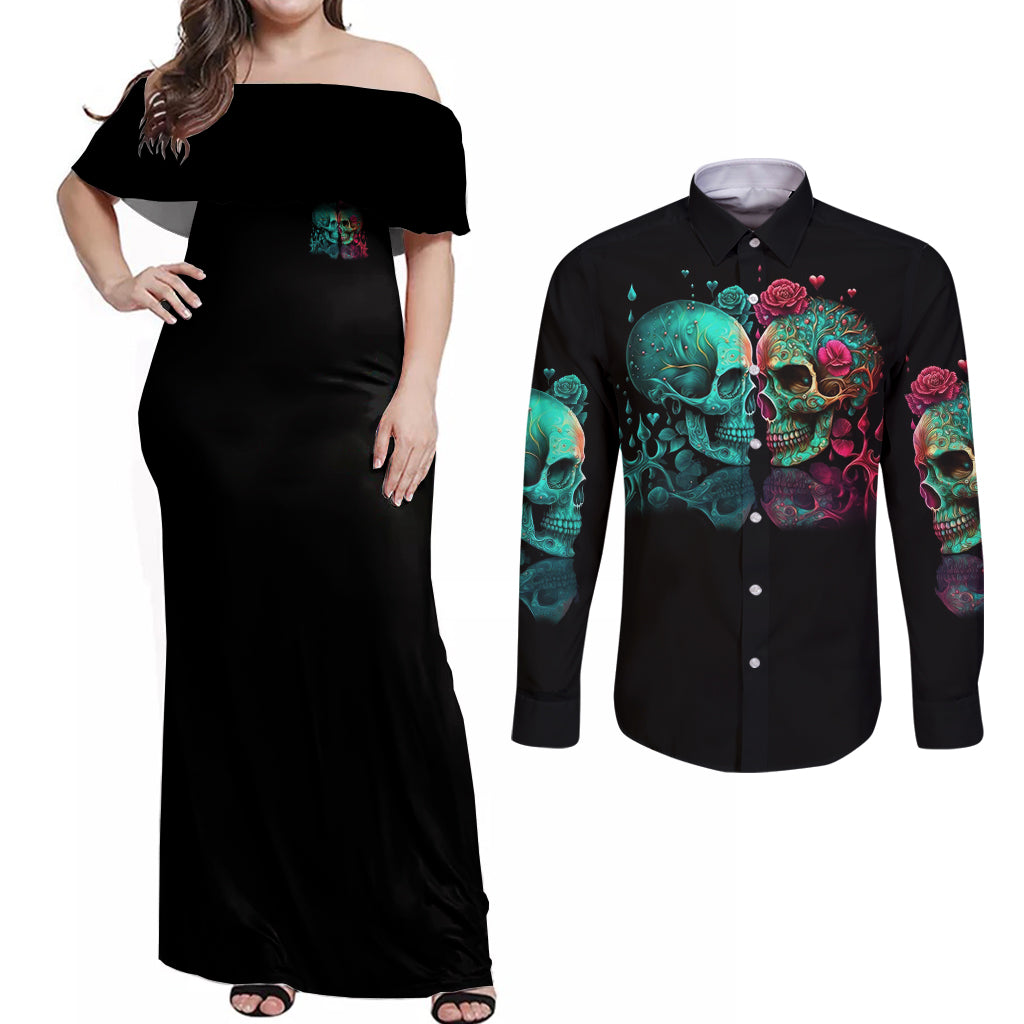 Don't Try To Figure Me Out Skull Couples Matching Off Shoulder Maxi Dress and Long Sleeve Button Shirt - Wonder Print Shop