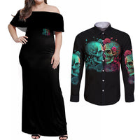 Don't Try To Figure Me Out Skull Couples Matching Off Shoulder Maxi Dress and Long Sleeve Button Shirt - Wonder Print Shop