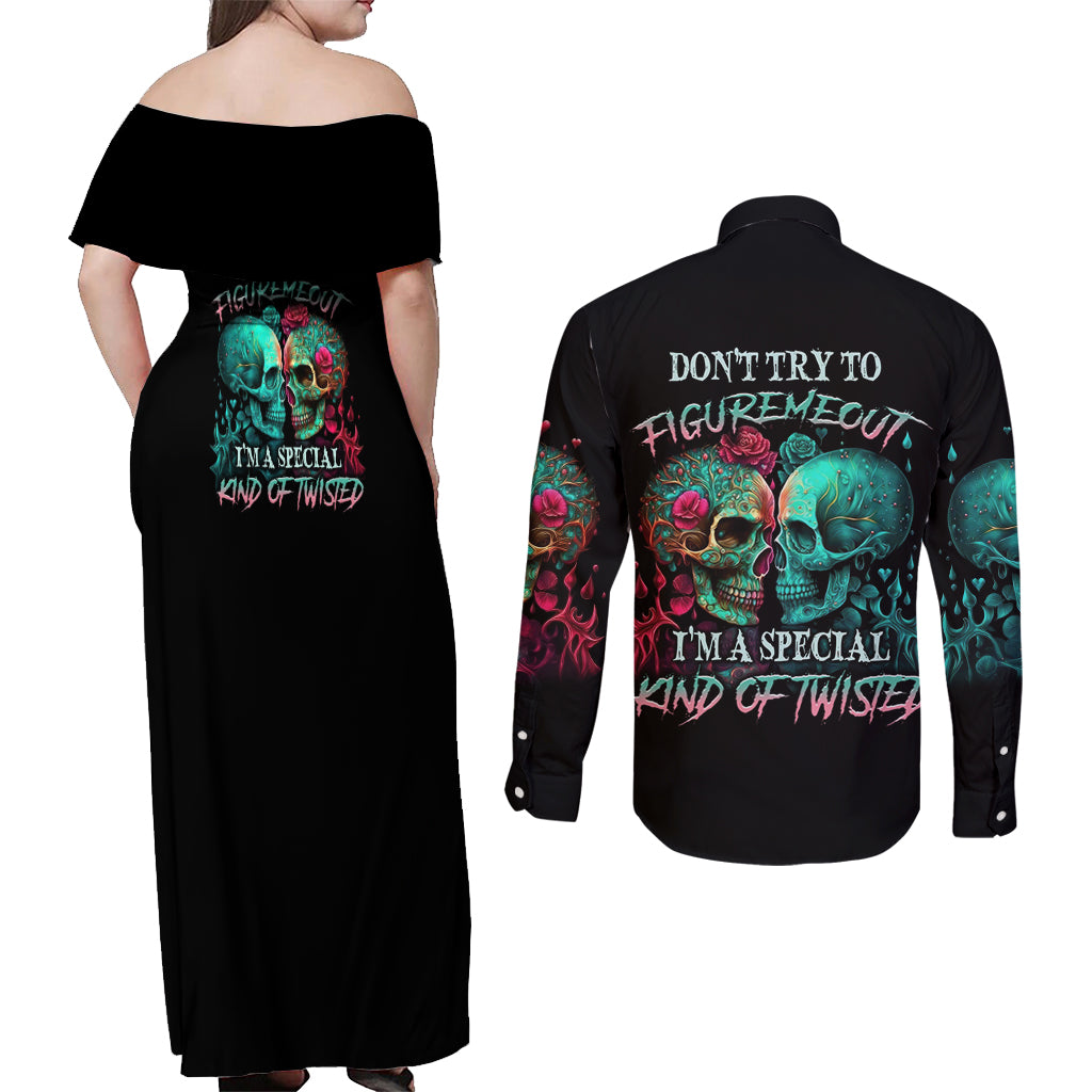 Don't Try To Figure Me Out Skull Couples Matching Off Shoulder Maxi Dress and Long Sleeve Button Shirt - Wonder Print Shop
