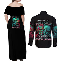 Don't Try To Figure Me Out Skull Couples Matching Off Shoulder Maxi Dress and Long Sleeve Button Shirt - Wonder Print Shop