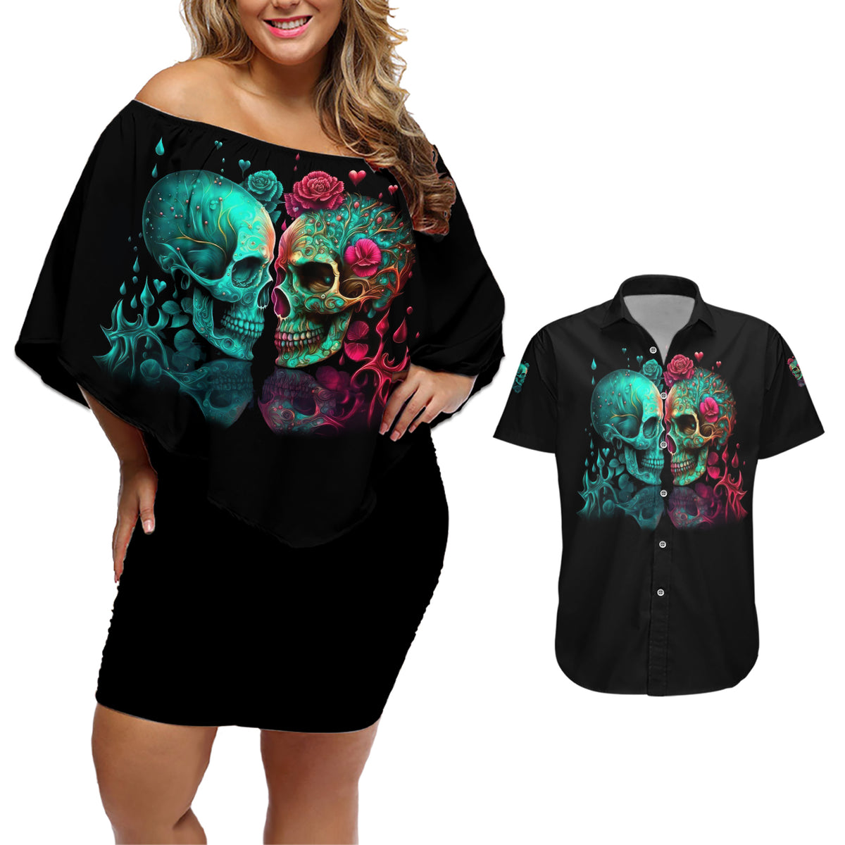 Don't Try To Figure Me Out Skull Couples Matching Off Shoulder Short Dress and Hawaiian Shirt - Wonder Print Shop
