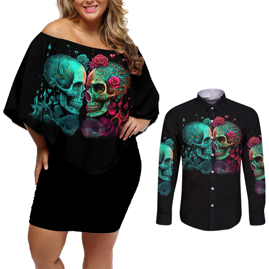Don't Try To Figure Me Out Skull Couples Matching Off Shoulder Short Dress and Long Sleeve Button Shirt - Wonder Print Shop
