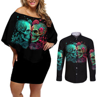 Don't Try To Figure Me Out Skull Couples Matching Off Shoulder Short Dress and Long Sleeve Button Shirt - Wonder Print Shop