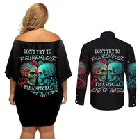 Don't Try To Figure Me Out Skull Couples Matching Off Shoulder Short Dress and Long Sleeve Button Shirt - Wonder Print Shop