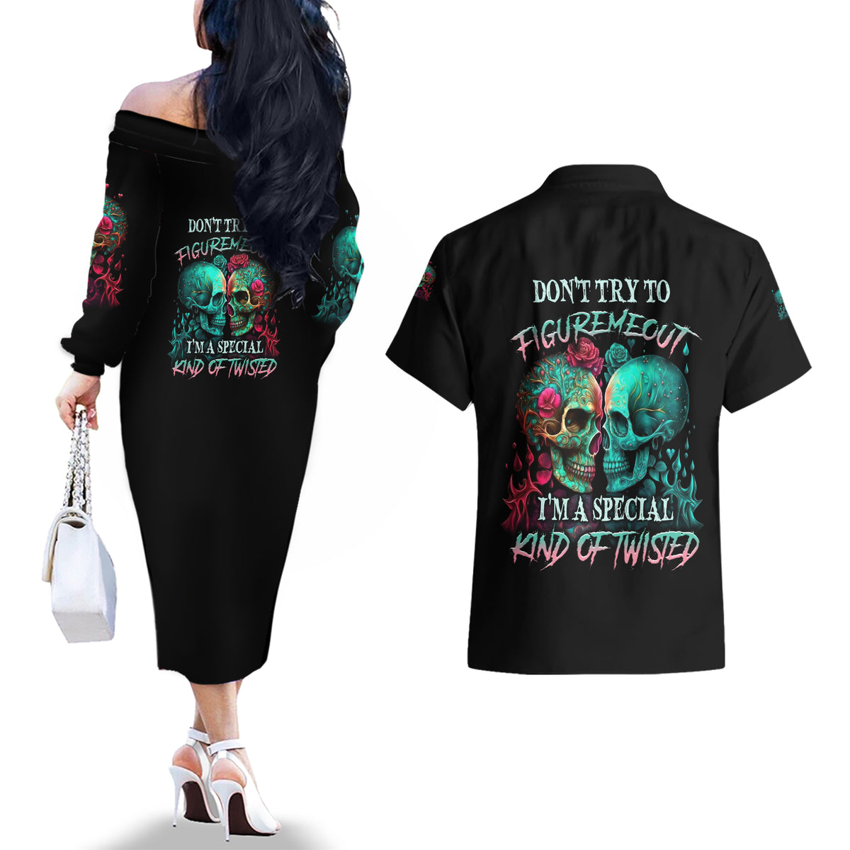 Don't Try To Figure Me Out Skull Couples Matching Off The Shoulder Long Sleeve Dress and Hawaiian Shirt - Wonder Print Shop
