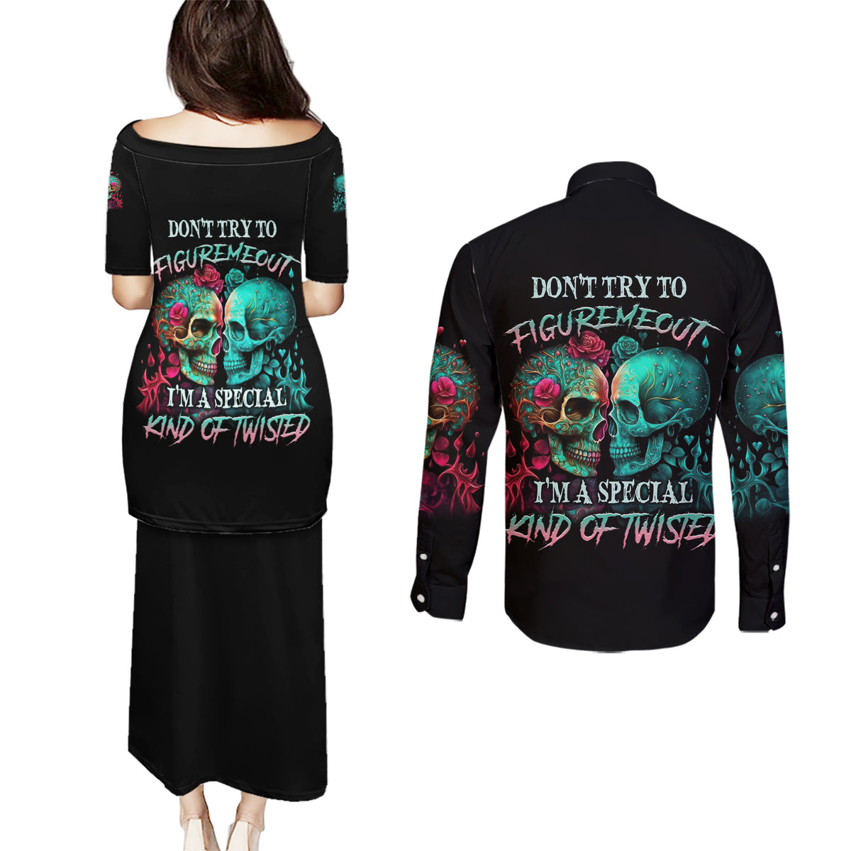 Don't Try To Figure Me Out Skull Couples Matching Puletasi Dress and Long Sleeve Button Shirt - Wonder Print Shop