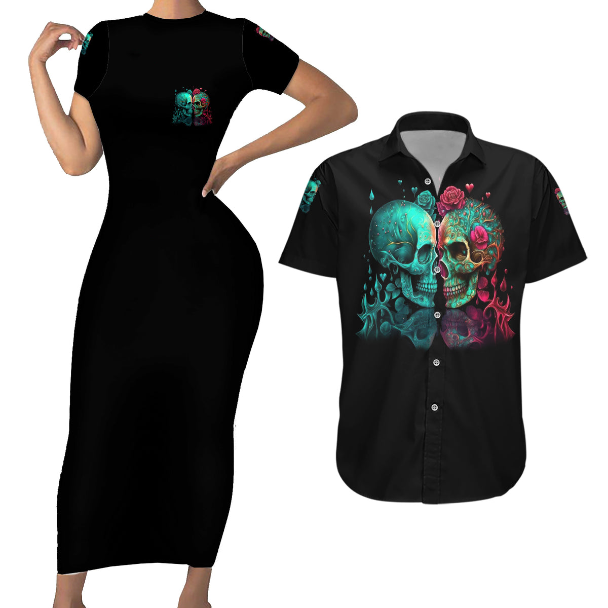 Don't Try To Figure Me Out Skull Couples Matching Short Sleeve Bodycon Dress and Hawaiian Shirt - Wonder Print Shop