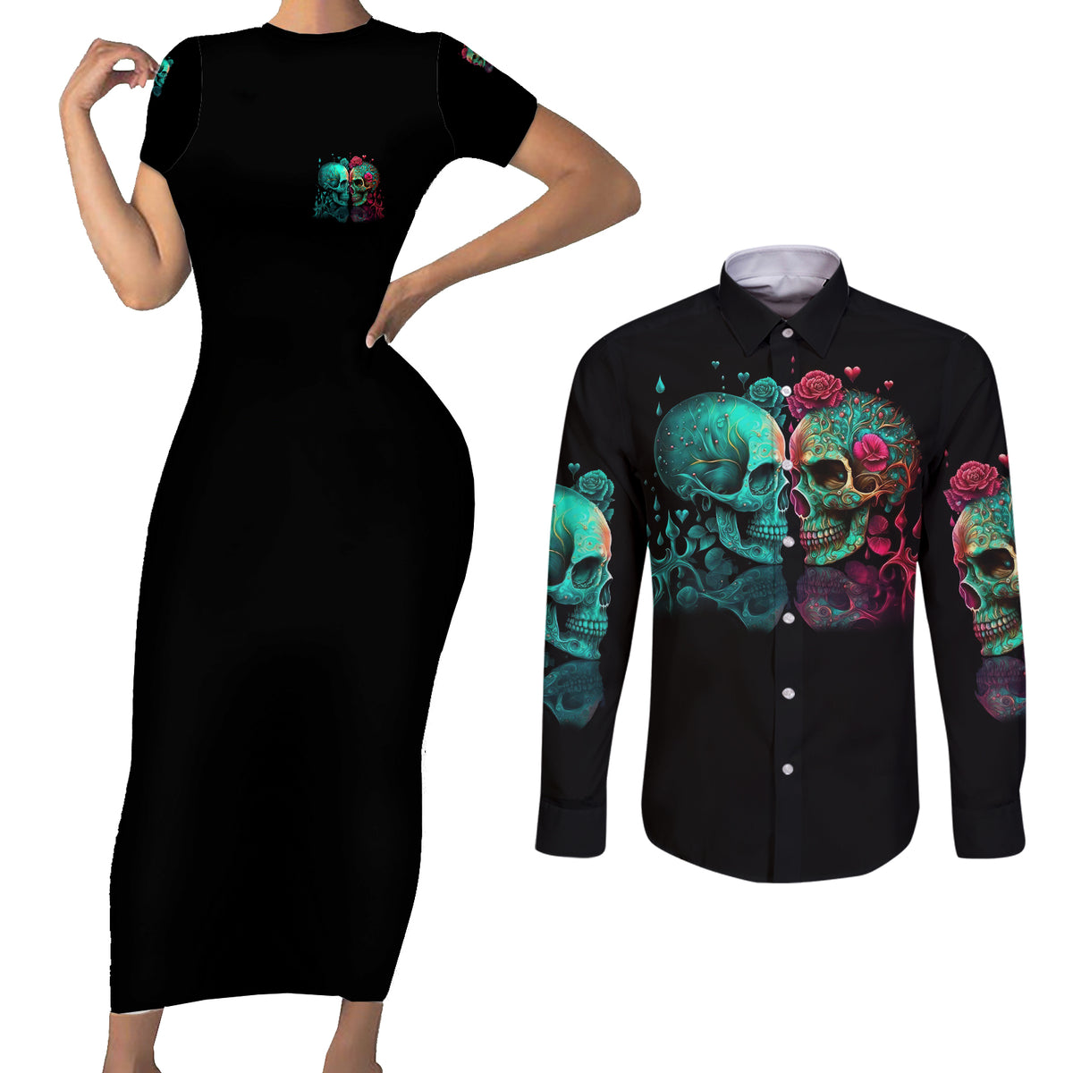 Don't Try To Figure Me Out Skull Couples Matching Short Sleeve Bodycon Dress and Long Sleeve Button Shirt - Wonder Print Shop