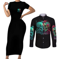 Don't Try To Figure Me Out Skull Couples Matching Short Sleeve Bodycon Dress and Long Sleeve Button Shirt - Wonder Print Shop