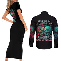 Don't Try To Figure Me Out Skull Couples Matching Short Sleeve Bodycon Dress and Long Sleeve Button Shirt - Wonder Print Shop
